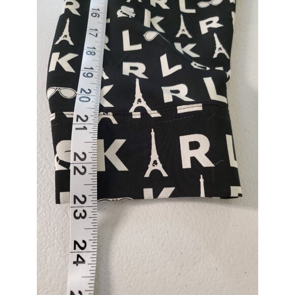 Karl Lagerfeld Paris Black&White Button Up Logo Shirt Large Monochrome Tie Front - Picture 13 of 16